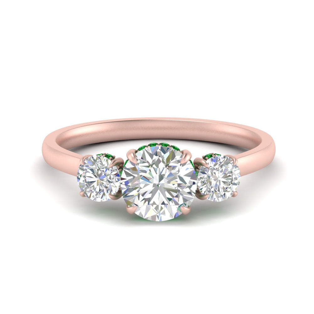 halo-under-emerald-3-stone-round-cut-engagement-ring-in-FD10616RORGEMGR-ANGLE3-NL-RG