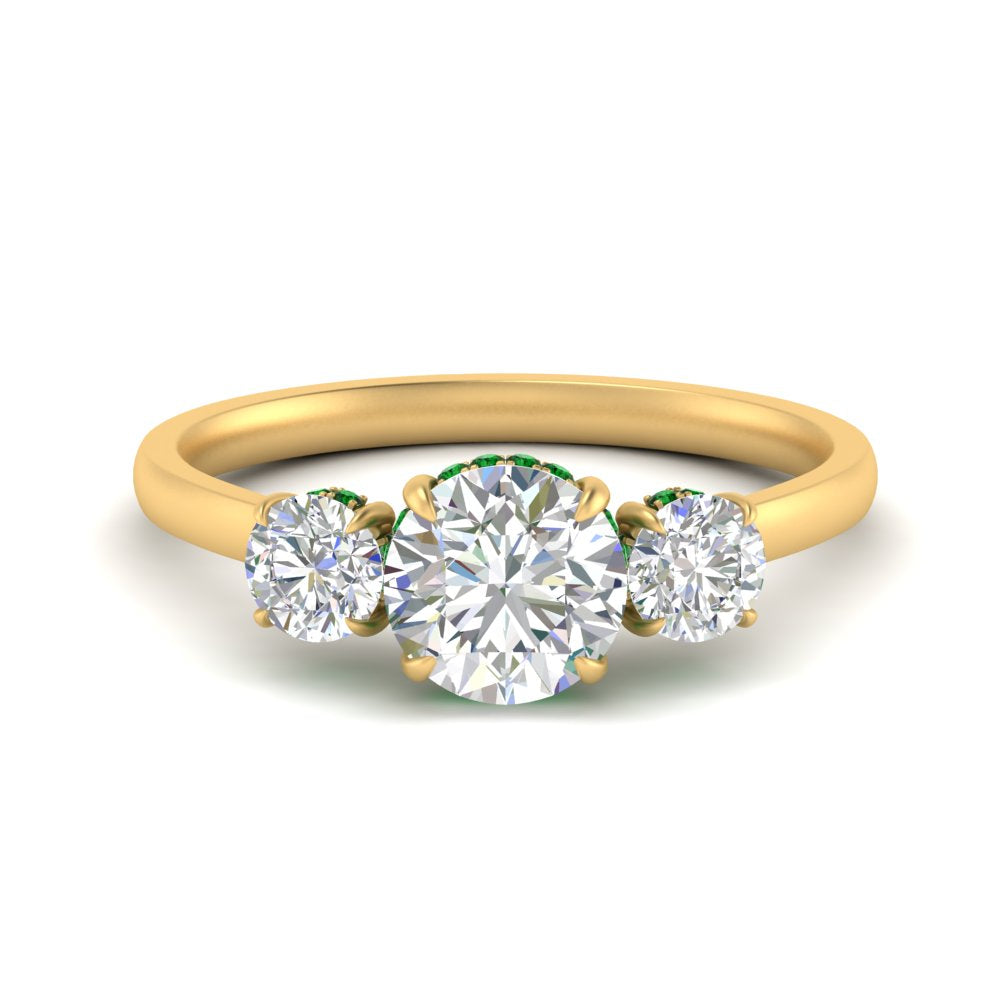 halo-under-emerald-3-stone-round-cut-engagement-ring-in-FD10616RORGEMGR-ANGLE3-NL-YG