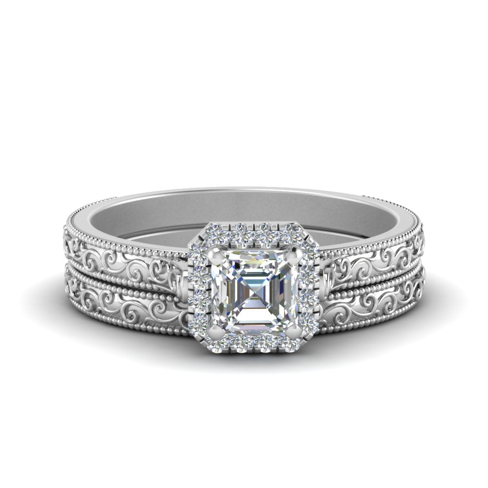 Hand Engraved Halo Asscher Cut Wedding Ring Set