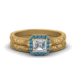Load image into Gallery viewer, hand-engraved-asscher-cut-halo-diamond-wedding-ring-set-with-blue-topaz-in-yellow-gold-FD8588ASGICBLTO-NL-YG?v=1757665132
