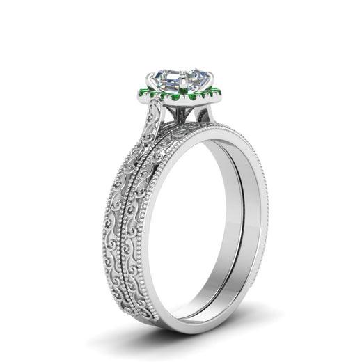 hand-engraved-asscher-cut-halo-diamond-wedding-ring-set-with-emerald-in-white-gold-FD8588ASGEMGRANGLE2-NL-WG?v=1757665132