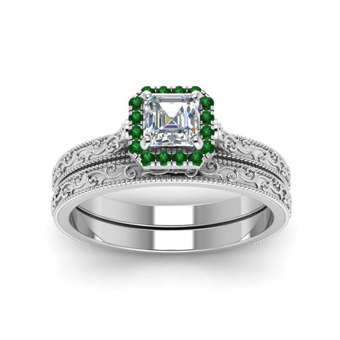 hand-engraved-asscher-cut-halo-diamond-wedding-ring-set-with-emerald-in-white-gold-FD8588ASGEMGRANGLE5-NL-WG?v=1757665132