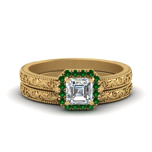 hand-engraved-asscher-cut-halo-diamond-wedding-ring-set-with-emerald-in-yellow-gold-FD8588ASGEMGR-NL-YG?v=1757665132