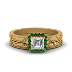 Load image into Gallery viewer, hand-engraved-asscher-cut-halo-diamond-wedding-ring-set-with-emerald-in-yellow-gold-FD8588ASGEMGR-NL-YG_e8fc49b1-a1c6-4502-9b41-3cb2e3b24a3d?v=1757665307

