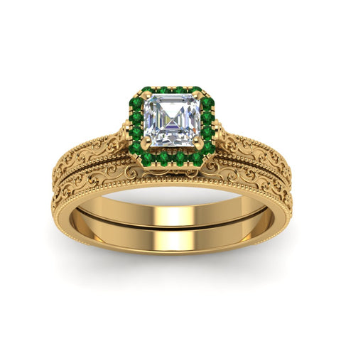 hand-engraved-asscher-cut-halo-diamond-wedding-ring-set-with-emerald-in-yellow-gold-FD8588ASGEMGRANGLE5-NL-YG?v=1757665132