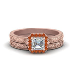 Load image into Gallery viewer, hand-engraved-asscher-cut-halo-diamond-wedding-ring-set-with-orange-sapphire-in-rose-gold-FD8588ASGSAOR-NL-RG?v=1757665132
