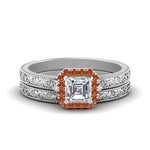 Load image into Gallery viewer, hand-engraved-asscher-cut-halo-diamond-wedding-ring-set-with-orange-sapphire-in-white-gold-FD8588ASGSAOR-NL-WG?v=1757665132
