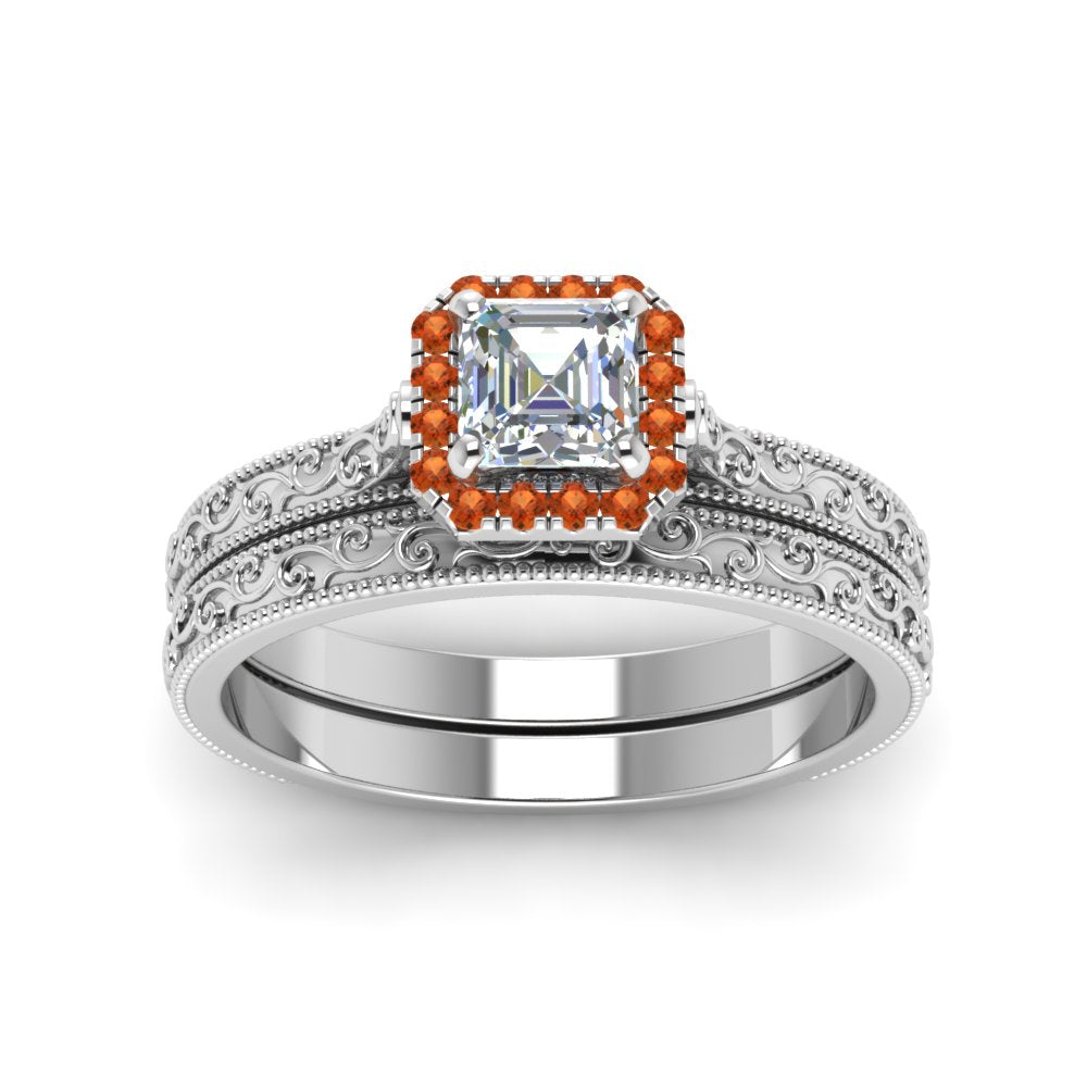 hand-engraved-asscher-cut-halo-diamond-wedding-ring-set-with-orange-sapphire-in-white-gold-FD8588ASGSAORANGLE5-NL-WG?v=1757665132