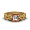 Load image into Gallery viewer, hand-engraved-asscher-cut-halo-diamond-wedding-ring-set-with-orange-sapphire-in-yellow-gold-FD8588ASGSAOR-NL-YG?v=1757665132