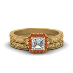 Load image into Gallery viewer, hand-engraved-asscher-cut-halo-diamond-wedding-ring-set-with-orange-sapphire-in-yellow-gold-FD8588ASGSAOR-NL-YG_fb06ff61-0fc1-4d26-af9e-53f77c02ff01?v=1757665308
