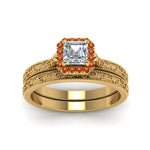 Load image into Gallery viewer, hand-engraved-asscher-cut-halo-diamond-wedding-ring-set-with-orange-sapphire-in-yellow-gold-FD8588ASGSAORANGLE5-NL-YG?v=1757665132
