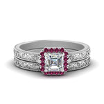 Load image into Gallery viewer, hand-engraved-asscher-cut-halo-diamond-wedding-ring-set-with-pink-sapphire-in-white-gold-FD8588ASGSADRPI-NL-WG_110e7104-c684-4e25-b941-2bb01838d7c1?v=1757665308

