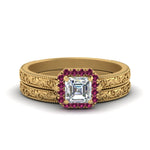 Load image into Gallery viewer, hand-engraved-asscher-cut-halo-diamond-wedding-ring-set-with-pink-sapphire-in-yellow-gold-FD8588ASGSADRPI-NL-YG_9249c62f-bfbb-4137-82ec-5bed286e6f48?v=1757665308
