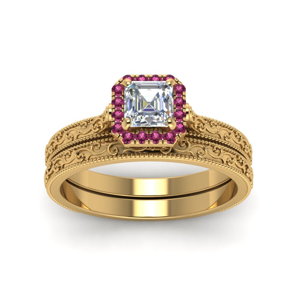 hand-engraved-asscher-cut-halo-diamond-wedding-ring-set-with-pink-sapphire-in-yellow-gold-FD8588ASGSADRPIANGLE5-NL-YG_35c825a0-632d-482f-891a-b3d595e67d93?v=1757665308