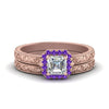 Load image into Gallery viewer, hand-engraved-asscher-cut-halo-diamond-wedding-ring-set-with-purple-topaz-in-rose-gold-FD8588ASGVITO-NL-RG?v=1757665132
