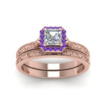Load image into Gallery viewer, hand-engraved-asscher-cut-halo-diamond-wedding-ring-set-with-purple-topaz-in-rose-gold-FD8588ASGVITOANGLE5-NL-RG?v=1757665132
