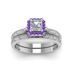 Load image into Gallery viewer, hand-engraved-asscher-cut-halo-diamond-wedding-ring-set-with-purple-topaz-in-white-gold-FD8588ASGVITOANGLE5-NL-WG?v=1757665132
