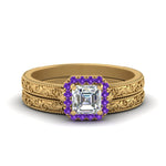 Load image into Gallery viewer, hand-engraved-asscher-cut-halo-diamond-wedding-ring-set-with-purple-topaz-in-yellow-gold-FD8588ASGVITO-NL-YG?v=1757665132
