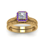 Load image into Gallery viewer, hand-engraved-asscher-cut-halo-diamond-wedding-ring-set-with-purple-topaz-in-yellow-gold-FD8588ASGVITOANGLE5-NL-YG_186a4f9b-8025-4456-8f52-cd73ffaf4afa?v=1757665308
