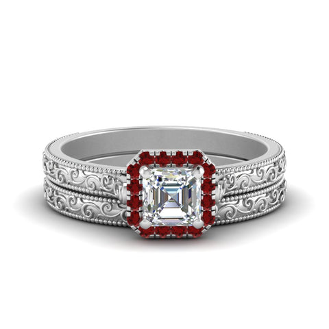 hand-engraved-asscher-cut-halo-diamond-wedding-ring-set-with-ruby-in-white-gold-FD8588ASGRUDR-NL-WG?v=1757665132