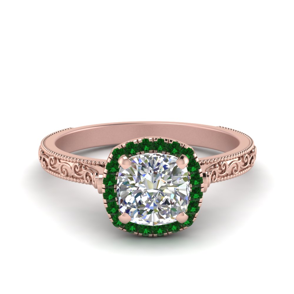 hand-engraved-cushion-cut-halo-diamond-engagement-ring-with-emerald-in-rose-gold-FD8588CURGEMGR-NL-RG?v=1757588306