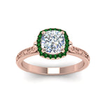Load image into Gallery viewer, hand-engraved-cushion-cut-halo-diamond-engagement-ring-with-emerald-in-rose-gold-FD8588CURGEMGRANGLE5-NL-RG?v=1757588307
