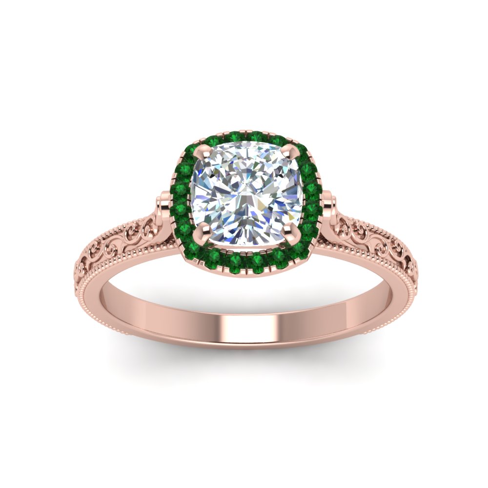 hand-engraved-cushion-cut-halo-diamond-engagement-ring-with-emerald-in-rose-gold-FD8588CURGEMGRANGLE5-NL-RG?v=1757588307