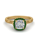 Load image into Gallery viewer, hand-engraved-cushion-cut-halo-diamond-engagement-ring-with-emerald-in-yellow-gold-FD8588CURGEMGR-NL-YG?v=1757588307

