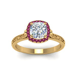 Load image into Gallery viewer, hand-engraved-cushion-cut-halo-diamond-engagement-ring-with-pink-sapphire-in-yellow-gold-FD8588CURGSADRPIANGLE5-NL-YG?v=1757588306
