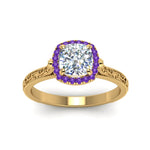 Load image into Gallery viewer, hand-engraved-cushion-cut-halo-diamond-engagement-ring-with-purple-topaz-in-yellow-gold-FD8588CURGVITOANGLE5-NL-YG?v=1757588306
