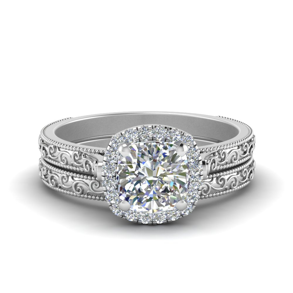 Hand Engraved Halo Cushion Wedding Ring Set