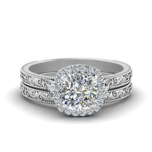 Hand Engraved Halo Cushion Wedding Ring Set