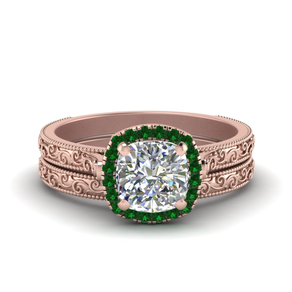 hand-engraved-cushion-cut-halo-diamond-wedding-ring-set-with-emerald-in-rose-gold-FD8588CUGEMGR-NL-RG_10304b7f-35e1-4040-bdc9-8ffd95ea4218?v=1757665318
