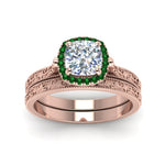 Load image into Gallery viewer, hand-engraved-cushion-cut-halo-diamond-wedding-ring-set-with-emerald-in-rose-gold-FD8588CUGEMGRANGLE5-NL-RG_7280264f-271d-414a-b3df-d763826e4241?v=1757665317
