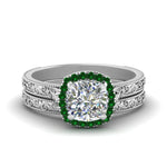Load image into Gallery viewer, hand-engraved-cushion-cut-halo-diamond-wedding-ring-set-with-emerald-in-white-gold-FD8588CUGEMGR-NL-WG_a5604577-aca1-4cab-aac8-74edfef33ef0?v=1757665317
