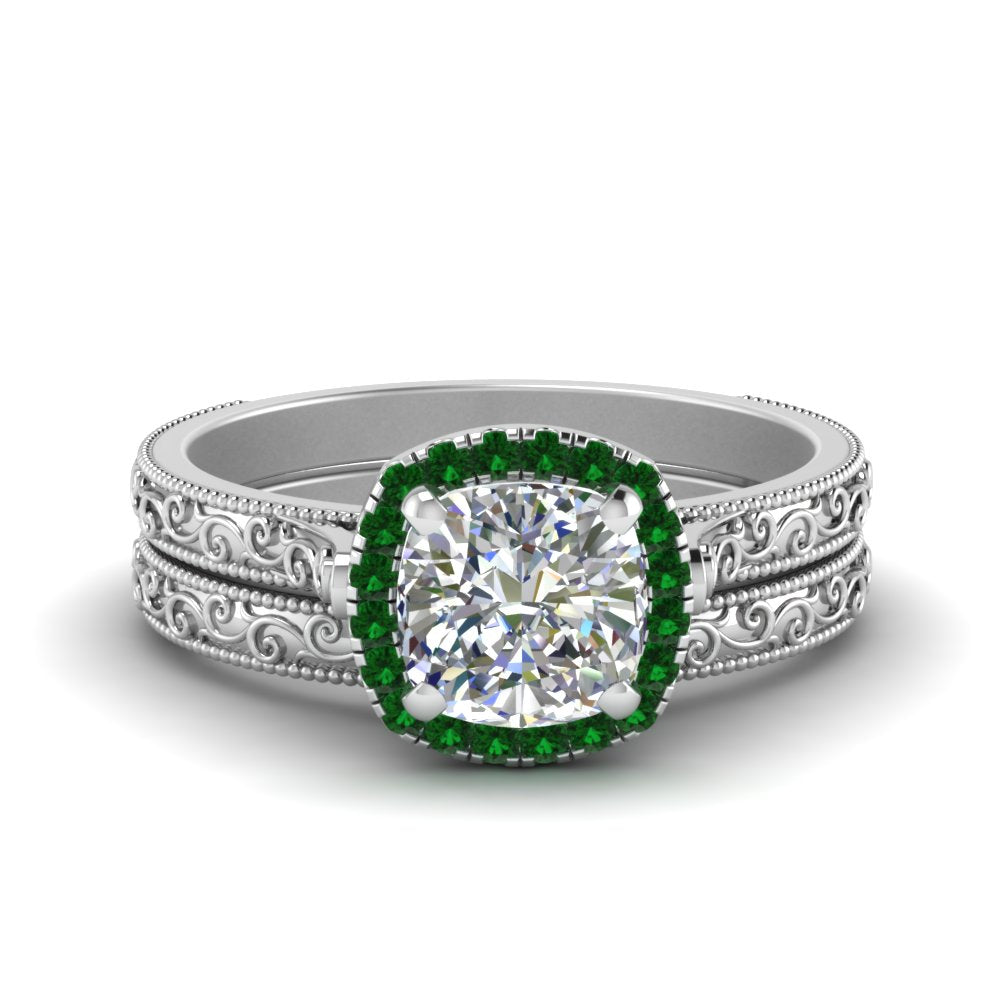 hand-engraved-cushion-cut-halo-diamond-wedding-ring-set-with-emerald-in-white-gold-FD8588CUGEMGR-NL-WG_a5604577-aca1-4cab-aac8-74edfef33ef0?v=1757665317