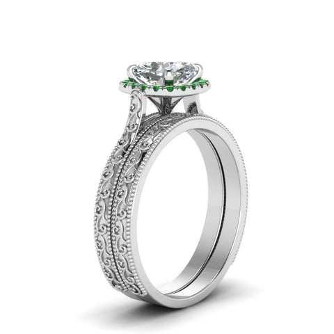 hand-engraved-cushion-cut-halo-diamond-wedding-ring-set-with-emerald-in-white-gold-FD8588CUGEMGRANGLE2-NL-WG?v=1757665151