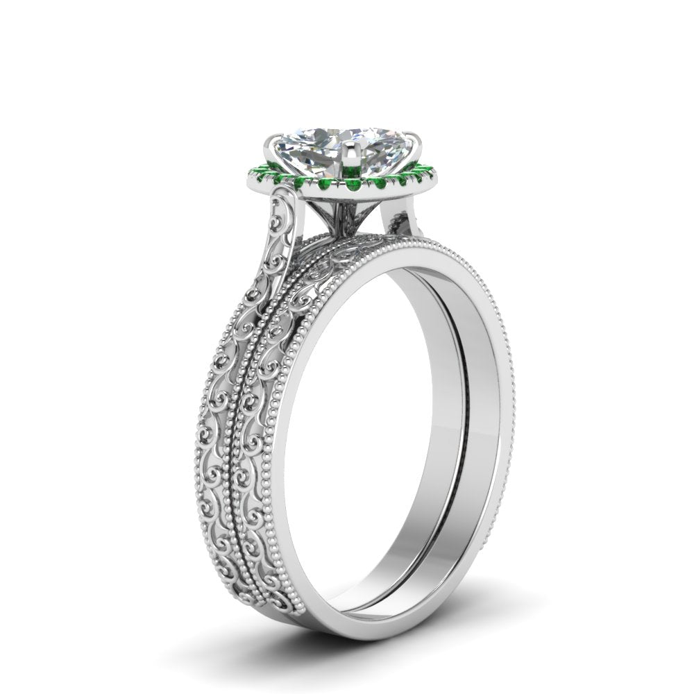 hand-engraved-cushion-cut-halo-diamond-wedding-ring-set-with-emerald-in-white-gold-FD8588CUGEMGRANGLE2-NL-WG_560268e8-1f76-4331-8948-6a1843333860?v=1757665318