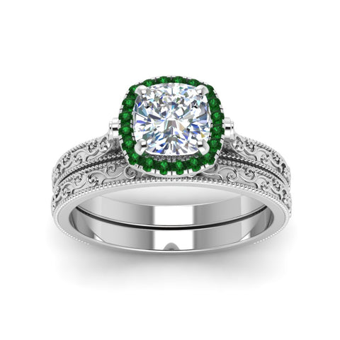 hand-engraved-cushion-cut-halo-diamond-wedding-ring-set-with-emerald-in-white-gold-FD8588CUGEMGRANGLE5-NL-WG?v=1757665151