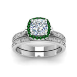 Load image into Gallery viewer, hand-engraved-cushion-cut-halo-diamond-wedding-ring-set-with-emerald-in-white-gold-FD8588CUGEMGRANGLE5-NL-WG_8173dd33-246c-4870-866c-a9f9a6970e7c?v=1757665317
