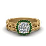 Load image into Gallery viewer, hand-engraved-cushion-cut-halo-diamond-wedding-ring-set-with-emerald-in-yellow-gold-FD8588CUGEMGR-NL-YG_a4660f51-fe5a-4551-acdc-feb2202e68c9?v=1757665318
