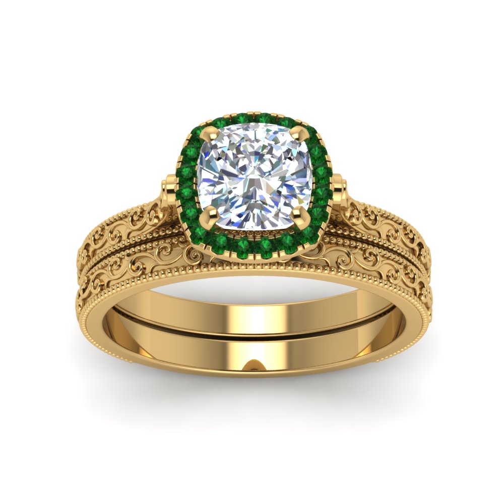 hand-engraved-cushion-cut-halo-diamond-wedding-ring-set-with-emerald-in-yellow-gold-FD8588CUGEMGRANGLE5-NL-YG_778544a9-6fad-4817-b3e6-72fd7f79450f?v=1757665317