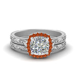 Load image into Gallery viewer, hand-engraved-cushion-cut-halo-diamond-wedding-ring-set-with-orange-sapphire-in-white-gold-FD8588CUGSAOR-NL-WG_889829e9-9b2a-49ec-8e42-0a2403488c83?v=1757665318
