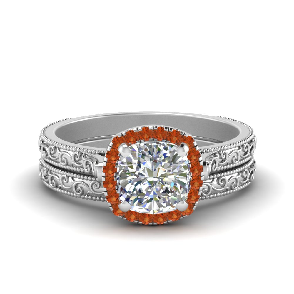 hand-engraved-cushion-cut-halo-diamond-wedding-ring-set-with-orange-sapphire-in-white-gold-FD8588CUGSAOR-NL-WG_889829e9-9b2a-49ec-8e42-0a2403488c83?v=1757665318