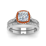 Load image into Gallery viewer, hand-engraved-cushion-cut-halo-diamond-wedding-ring-set-with-orange-sapphire-in-white-gold-FD8588CUGSAORANGLE5-NL-WG_e71bc924-7a97-4f41-99b3-844dc10583bf?v=1757665318
