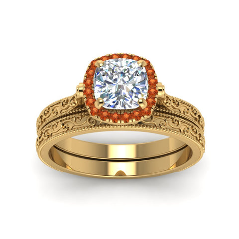 hand-engraved-cushion-cut-halo-diamond-wedding-ring-set-with-orange-sapphire-in-yellow-gold-FD8588CUGSAORANGLE5-NL-YG?v=1757665152