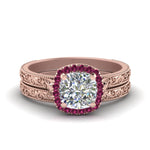 Load image into Gallery viewer, hand-engraved-cushion-cut-halo-diamond-wedding-ring-set-with-pink-sapphire-in-rose-gold-FD8588CUGSADRPI-NL-RG_2f22f3ff-557e-4966-8f6e-18ef1e1b5867?v=1757665317
