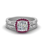 Load image into Gallery viewer, hand-engraved-cushion-cut-halo-diamond-wedding-ring-set-with-pink-sapphire-in-white-gold-FD8588CUGSADRPI-NL-WG_3bf6b4bb-055d-4fa2-bfd5-fe3a2f98ce1a?v=1757665317
