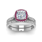 Load image into Gallery viewer, hand-engraved-cushion-cut-halo-diamond-wedding-ring-set-with-pink-sapphire-in-white-gold-FD8588CUGSADRPIANGLE5-NL-WG_ad5b0628-d7ab-4677-af00-776f8174329a?v=1757665317
