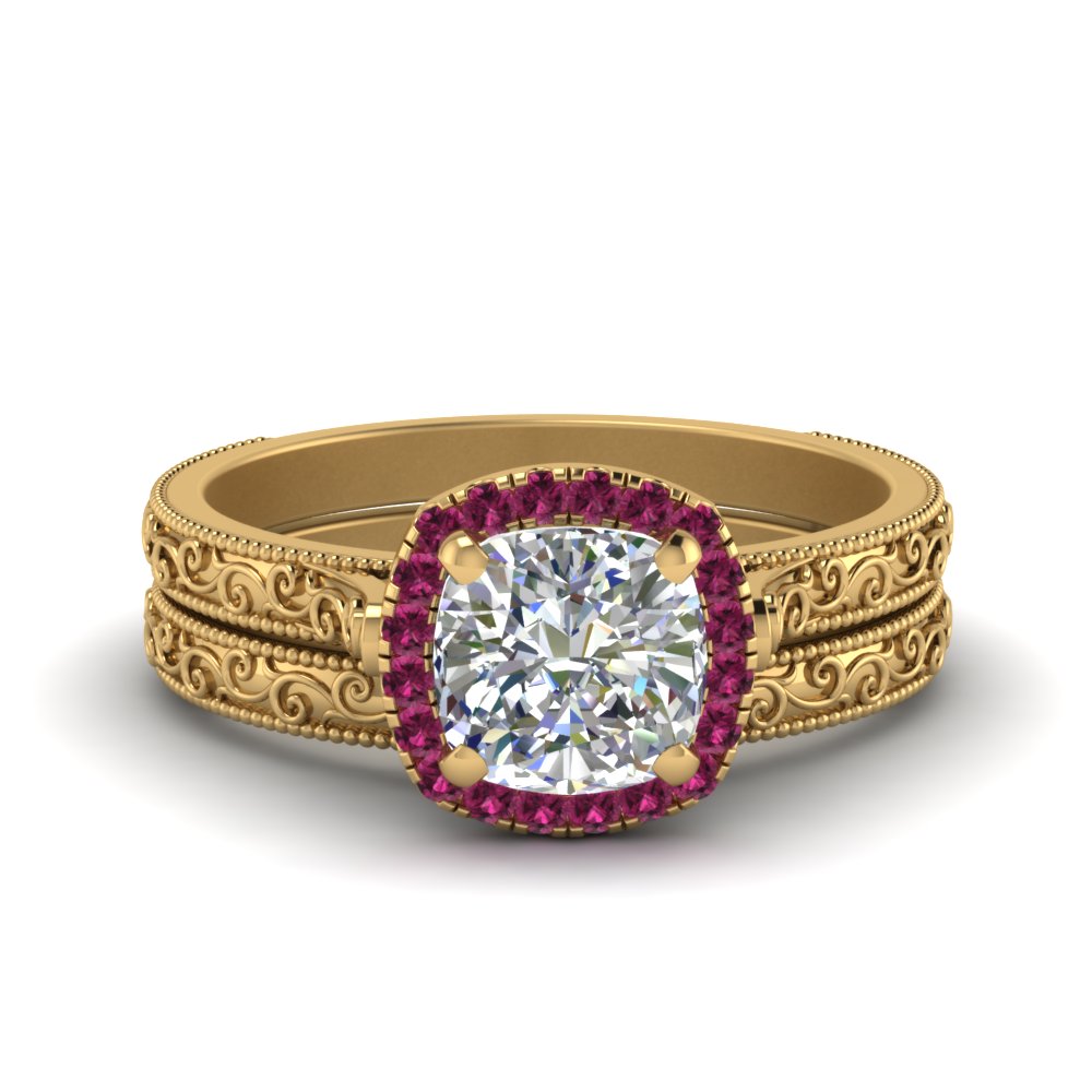 hand-engraved-cushion-cut-halo-diamond-wedding-ring-set-with-pink-sapphire-in-yellow-gold-FD8588CUGSADRPI-NL-YG_37cc4770-2eb3-4cca-b76c-daf5f4c0be1c?v=1757665318